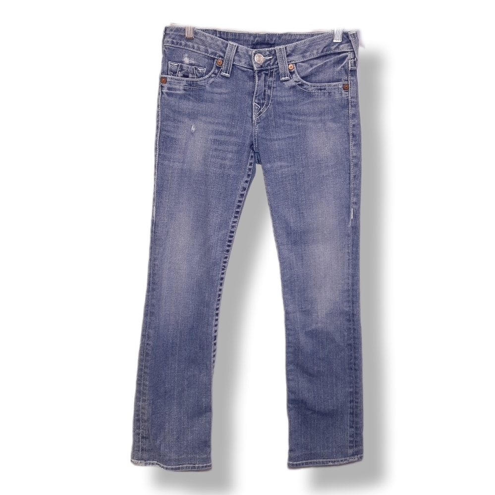 True Religion Johnny Slim Straight Jeans Distressed Mid Rise Blue Denim Size 29